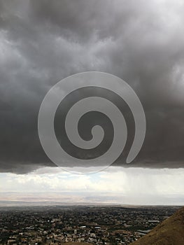 View of Jericho and Dead Sea from Mount of Temptation in Palestine during Rain in April.