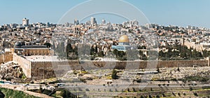 View of Jerusalem Old city and the Temple Mount, Dome of the Rock and Al Aqsa Mosque from the Mount of Olives in Jerusalem, Israel