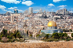 View on Jerusalem and the Temple Mount with the Dome of the Rock and the Mount of Olives. Palestine-Israel