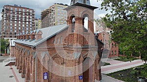 View of Jesus Evangelical Lutheran church that is located in the city center. view from quadcopter.