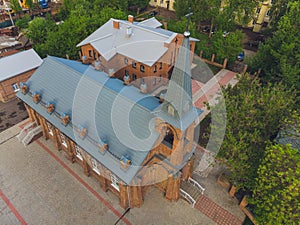 View of Jesus Evangelical Lutheran church that is located in the city center. view from quadcopter.