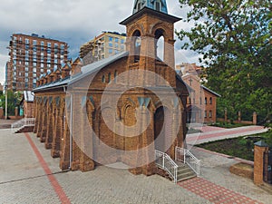 View of Jesus Evangelical Lutheran church that is located in the city center. view from quadcopter.