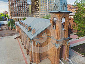 View of Jesus Evangelical Lutheran church that is located in the city center. view from quadcopter.