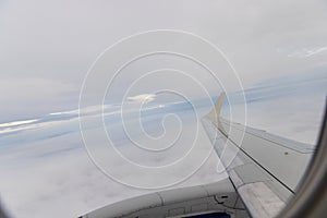 view of jet plane wing on the background of thick clouds and blue sky