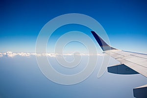 View of jet plane wing with clouds