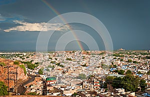 View of Jodhpur (Blue city) after rain with rainbow, Rajasthan,