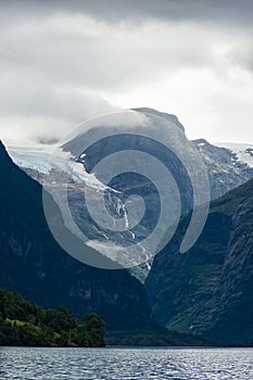 View of the Jostedalen Glacier melting over the Lovatnet Lake,  Norway