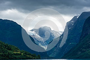 View of the Jostedalen Glacier melting over the Lovatnet Lake,  Norway