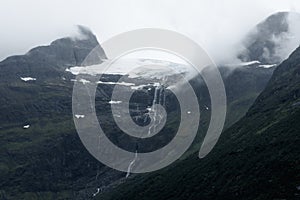 View of the Jostedalen Glacier melting over the Lovatnet Lake,  Norway