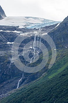 View of the Jostedalen Glacier melting over the Lovatnet Lake,  Norway