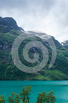 View of the Jostedalen Glacier melting over the Lovatnet Lake,  Norway