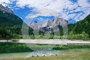 View of the Julian Alps from Kranjska Gora with Jasna Lake, Sl