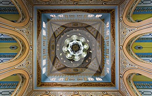 View of Jumeirah Grand Mosque dome interior in Dubai, UAE.