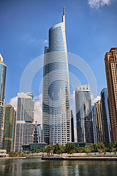 View of Jumeirah Lakes Towers skyscrapers.