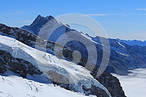 View from Jungfraujoch, Switzerland. Glacier with big crevasses