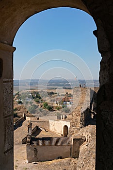 View of Juromenha castle window in Alentejo landscape Portugal