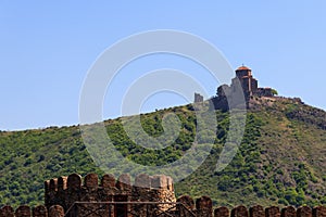 View on the Jvari monastery, orthodox monastery of the 6th century on the rocky mountaintop over the old town of Mtskheta
