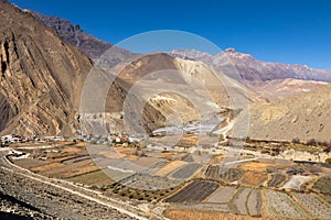 View on Kagbeni village located in the valley of the Kali Gandaki River