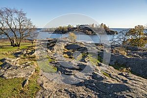 View of The Kaivopuisto park, Harakka island and Gulf of Finland in autumn, Helsinki, Finland