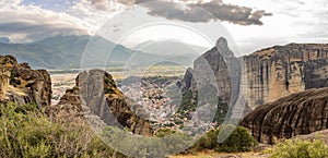 View of Kalabaka town in Greece from the Meteora rocks in Thessaly region in Greece