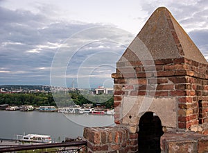 View from Kalemegdan Belgrade Fortress to river Danube and New Belgrade. Ancient and New Belgrade. Boat restaurants.