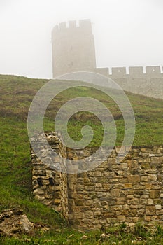 View of Kalemegdan fortress at fog from below fortress walls, Belgrade