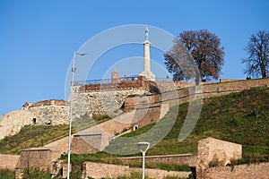 View of Kalemegdan and the monument to the winner Belgrade, Serbia. Kalemegdan fortress landscape