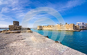 View of the Kales Venetian fortress at the entrance to the harbour, Ierapetra, Crete.