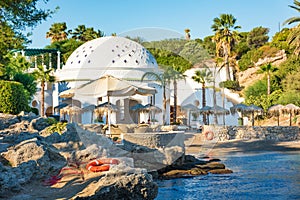 View of Kalithea bay with white Dome Rhodes, Greece