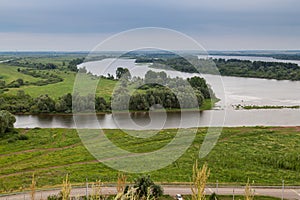 View of Kama River. Mouth of Toima River. Toyma flows into Kama near town Yelabuga, Russia. Summer natural landscape