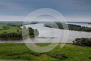 View of Kama River. Mouth of Toima River. Toyma flows into Kama near town Yelabuga, Russia. Summer natural landscape