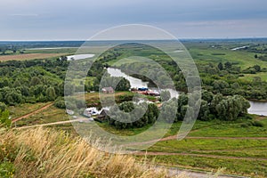 View of Kama River. Mouth of Toima River. Toyma flows into Kama near town Yelabuga, Russia. Summer natural landscape