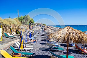 View of Kamari Black Beach Aegean Sea Santorini Greece