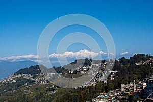 View of kanchenjunga mountain and tea gardens of Darjeeling India