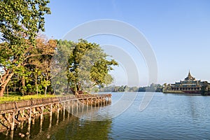 View of Kandawgyi Lake and Karaweik in Yangon