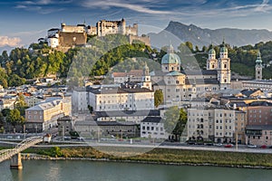 View from the Kapuzinerberg on the old town with Hohensalzburg Castle, Salzburg Cathedral and Collegiate Church, Salzburg Austria