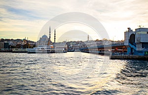 View of Karakoy bridge, yeni camii (new mosque), historical old peninsula istanbul photo