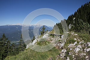 View of the Karavanke ridge and the town of Jesenice in the valley