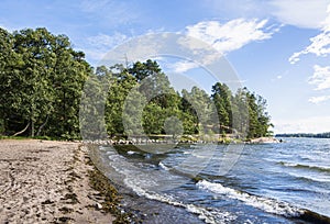 View of the Karhusaari swimming beach and Gulf of Finland