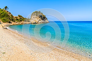 A view of Karlovasi beach with azure sea water, Samos island, Greece