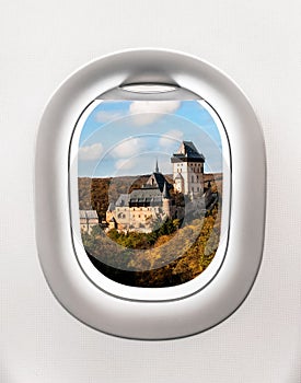 View of Karlstejn castle from airplane window