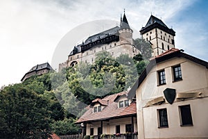 View of Karlstejn Castle, large Gothic castle in Town of Karlstejn, Czech Republic