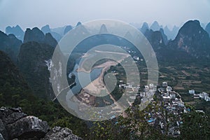 View of the Karst mountains in Guilin region of South China, close to Xingping village, Li River