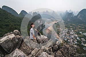 View of the Karst mountains in Guilin region of South China, close to Xingping village, Li River