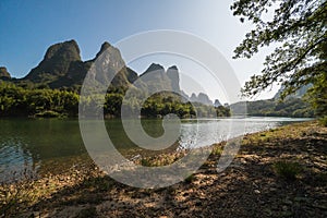 View of the Karst mountains in Guilin region of South China, close to Xingping village, Li River