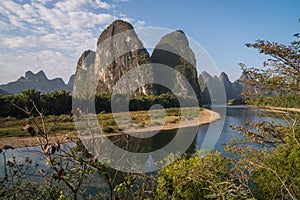 View of the Karst mountains in Guilin region of South China, close to Xingping village, Li River