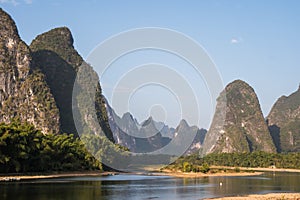 View of the Karst mountains in Guilin region of South China, close to Xingping village, Li River