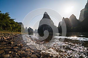 View of the Karst mountains in Guilin region of South China, close to Xingping village, Li River