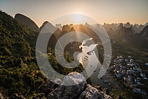 View of the Karst mountains in Guilin region of South China, close to Xingping village, Li River