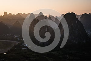 View of the Karst mountains in Guilin region of South China, close to Xingping village, Li River